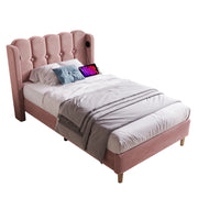 Letto Singolo 90×200 cm con USB e USB-C; Testiera Imbottita; senza Materasso; in Velluto Rosa