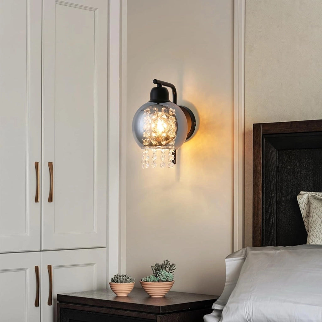 ZMH Applique da parete per interni E27 in vetro grigio fumé design lampada da parete in cristallo per letto scale