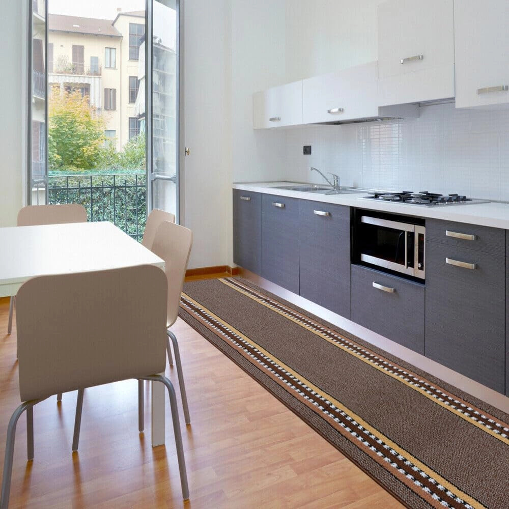 Tappeto Cucina 57x230 cm Antiscivolo Made in Italy Passatoia Corsia Bordata Ingresso Lavabile Marrone