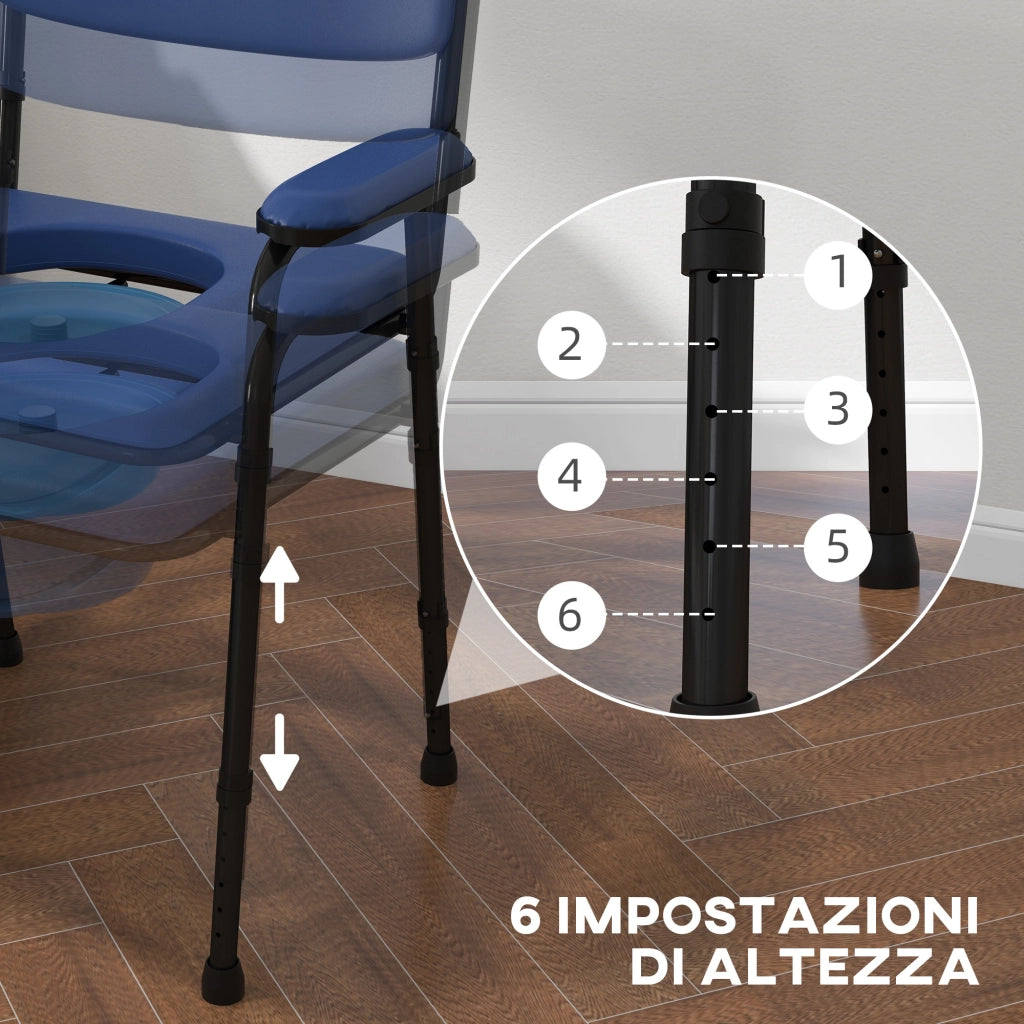 Sedia Comoda 5 in 1 per Anziani e Disabili per WC e Doccia. Altezza Regolabile e Secchio Rimovibile. Blu