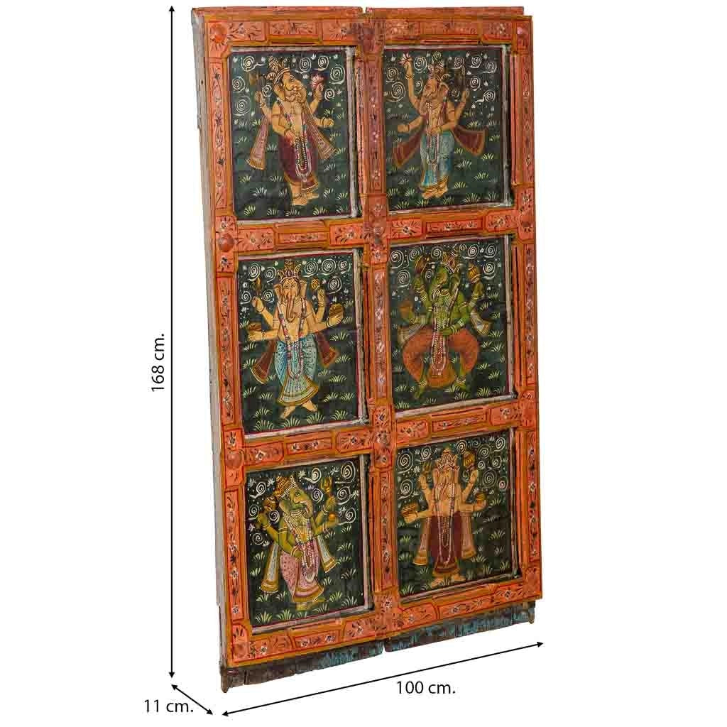 Porta in legno fatta a mano con decoro verde e rosso, 100x11x168h cm