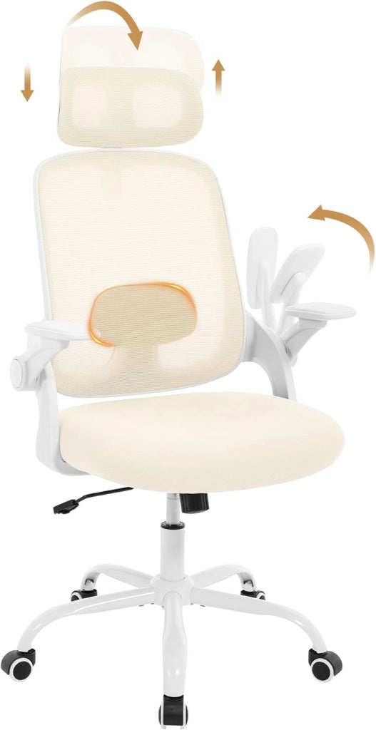 Sedia Ufficio Ergonomica con Poggiatesta e Braccioli Regolabili, Supporto Lombare, Poltrona Scrivania Girevole in Rete Traspirante Funzione Dondolo, Beige