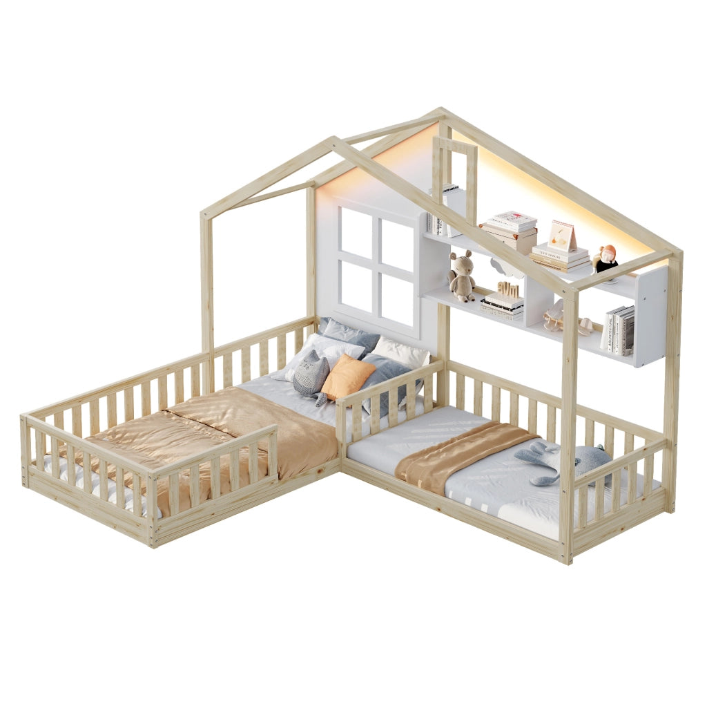 Letto per bambini a casetta 90x200 cm in legno e MDF; con LED; mensole e sponde di sicurezza