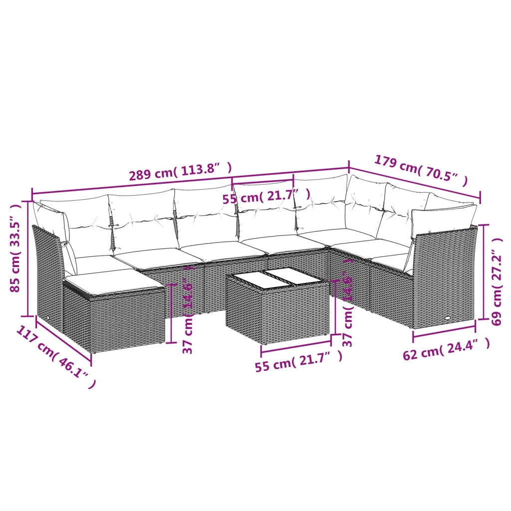 Set Divano da Giardino 9 pz con Cuscini Grigio in Polyrattancod mxl 87955
