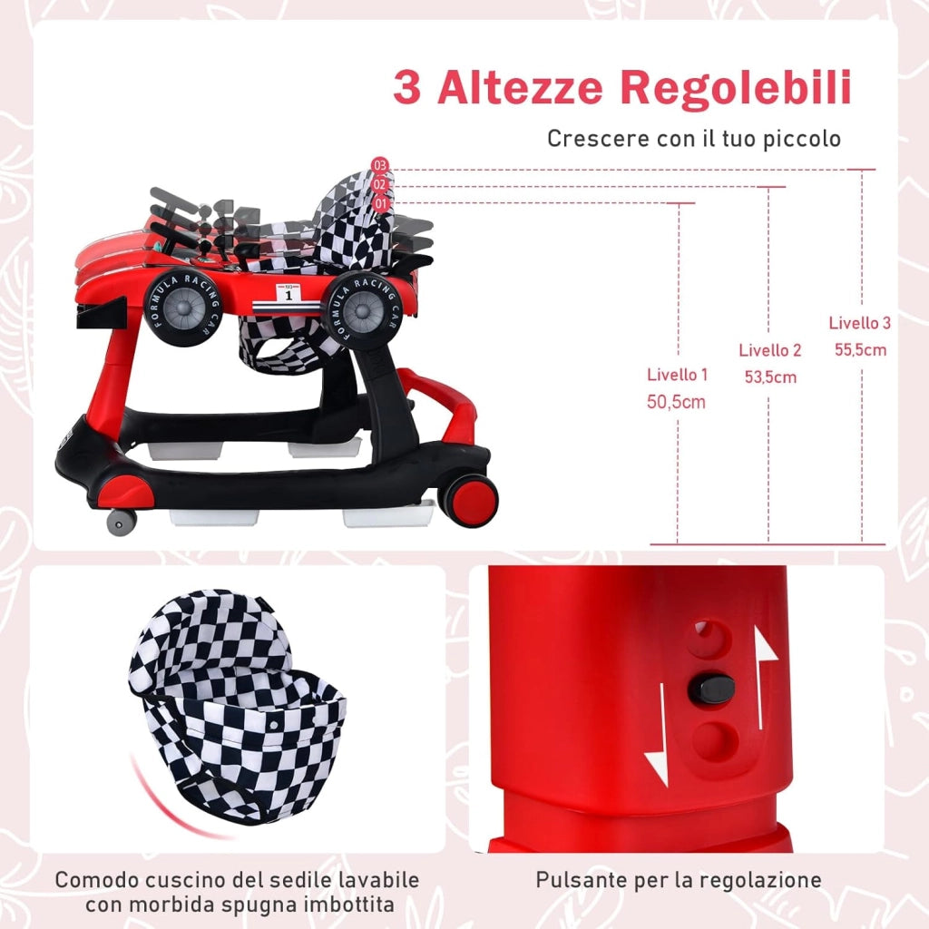 Girello per Bambini 4 in 1, Girello Pieghevole con Altezza e Velocità Regolabili, Carillon con Luci, Volante, Primi Passi per Bambini 6-18 Mesi, Portata 12 kg (Rosso)