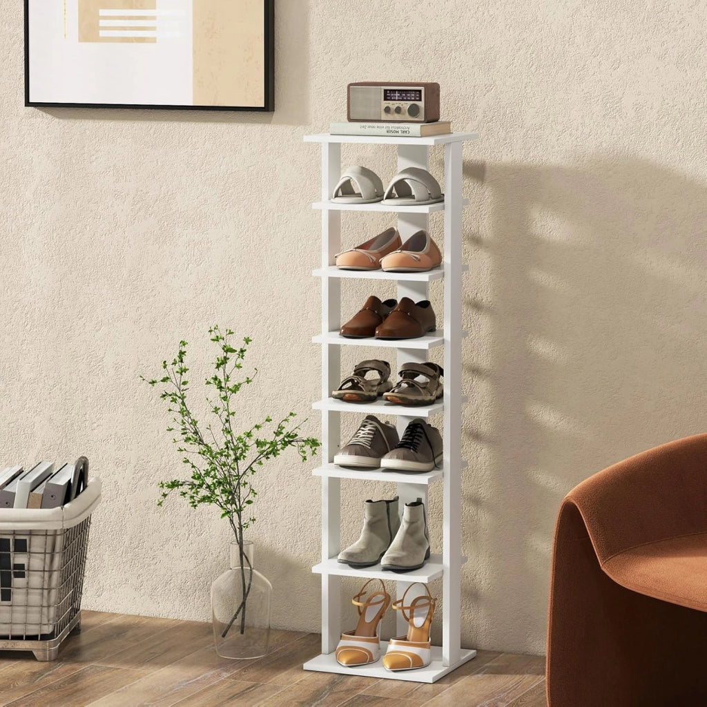 Scarpiera da Ingresso, Portascarpe a 7 Ripiani, Scaffale per 7/14 Scarpe, Stretto e Compatto per Salvaspazio, 2 Size di 27,5x26,5x110 cm e 45x25x110 cm (Bianco, M)