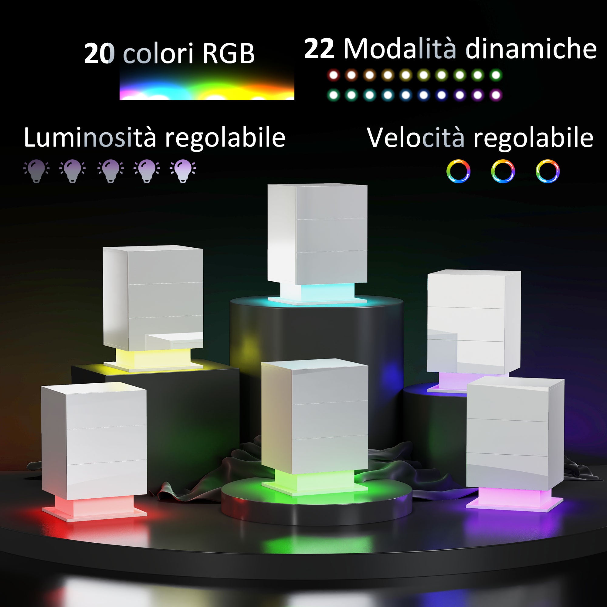 Comodino Moderno a 3 Cassetti con Luce LED 40x35x60 cm Regolabile con Telecomando in Truciolato Bianco Lucido