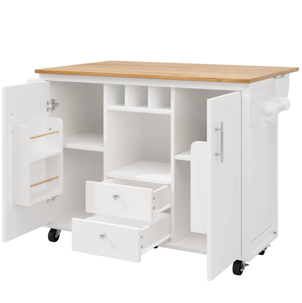Isola da cucina 137.9x73x92 cm con piano pieghevole; ruote; MDF e metallo bianco