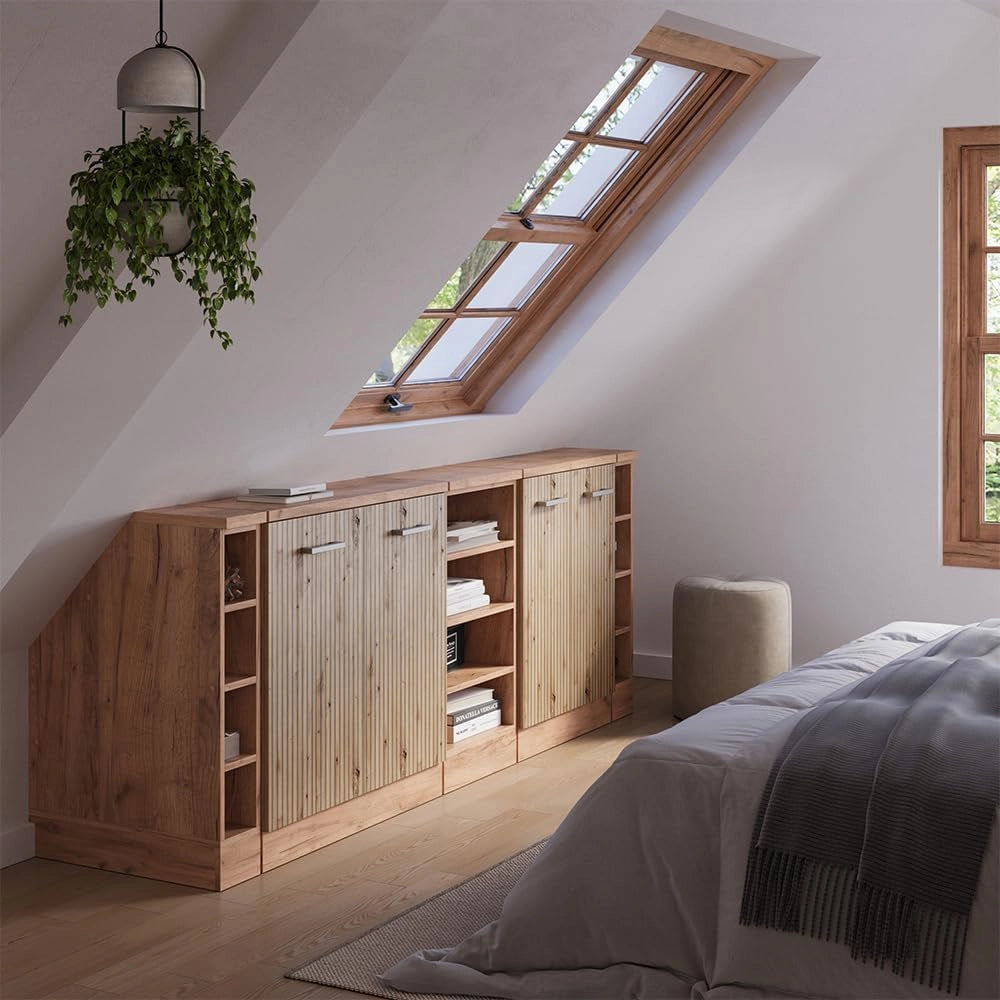 Set di mobili sottotetto Rion, Rovere artigianale, 210 cm Set di 5 carcasse armadio profondità 60 cm, adatto per il salvaspazio sotto tetti spioventi