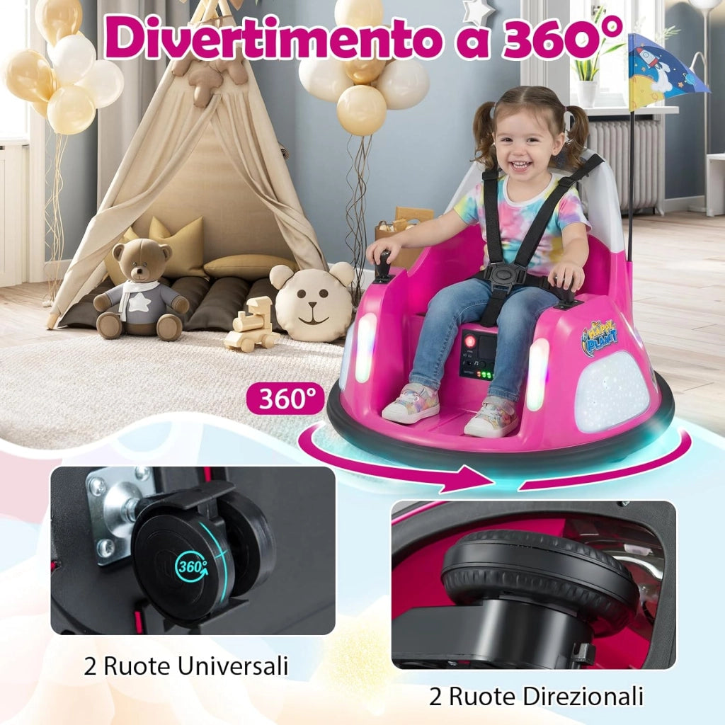 12V Autoscontro Elettrico per Bambini, Macchina Elettrica per Bambini con Luci, Telecomando e Doppio Joystick, Rotazione a 360° per Bambini 18-72 Mesi (Rosa)