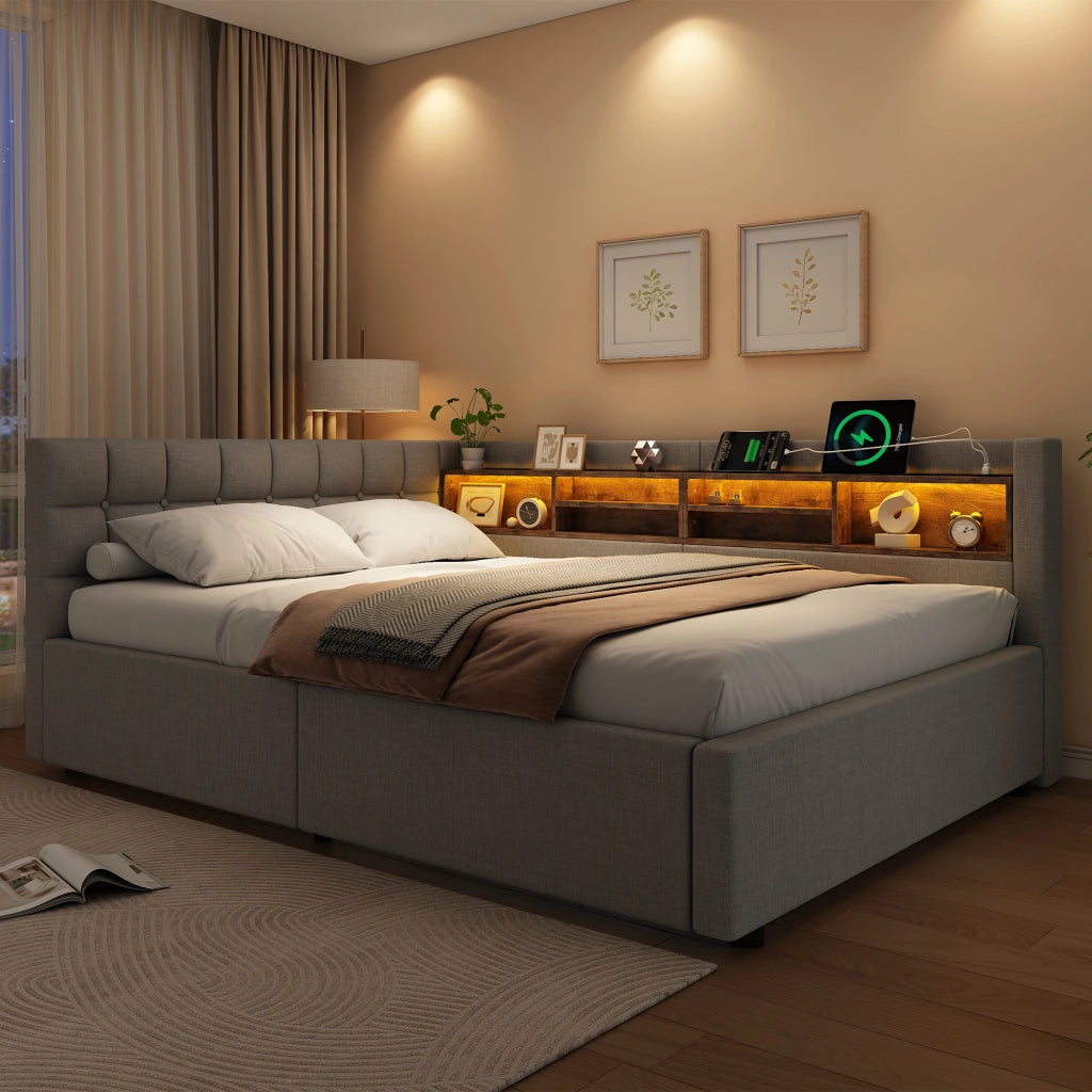 Letto matrimoniale contenitore 140x200 cm con sollevamento idraulico; LED; testiera con ripiano e USB; grigio
