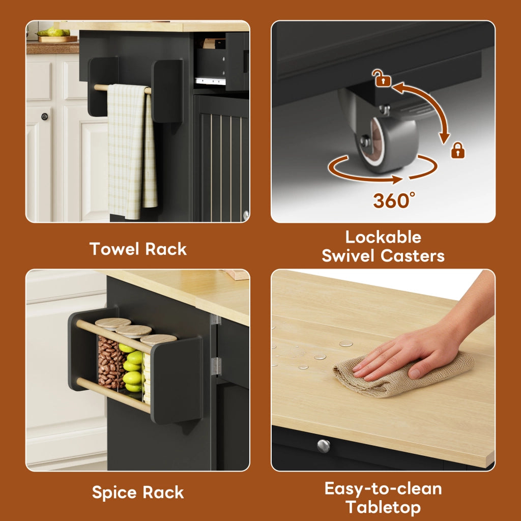 Carrello da cucina con piano ribaltabile 2 cassetti verticali vani laterali e ruote bloccabili per cucina in MDF nero