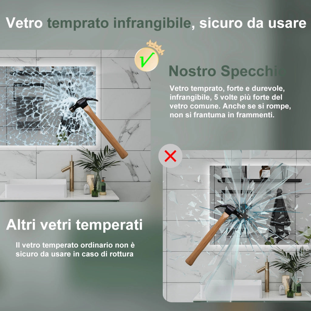 AICA Specchio da bagno 80 x 60 cm, dimmerabile, Funzione Memoria, antiappannamento, 3 colori