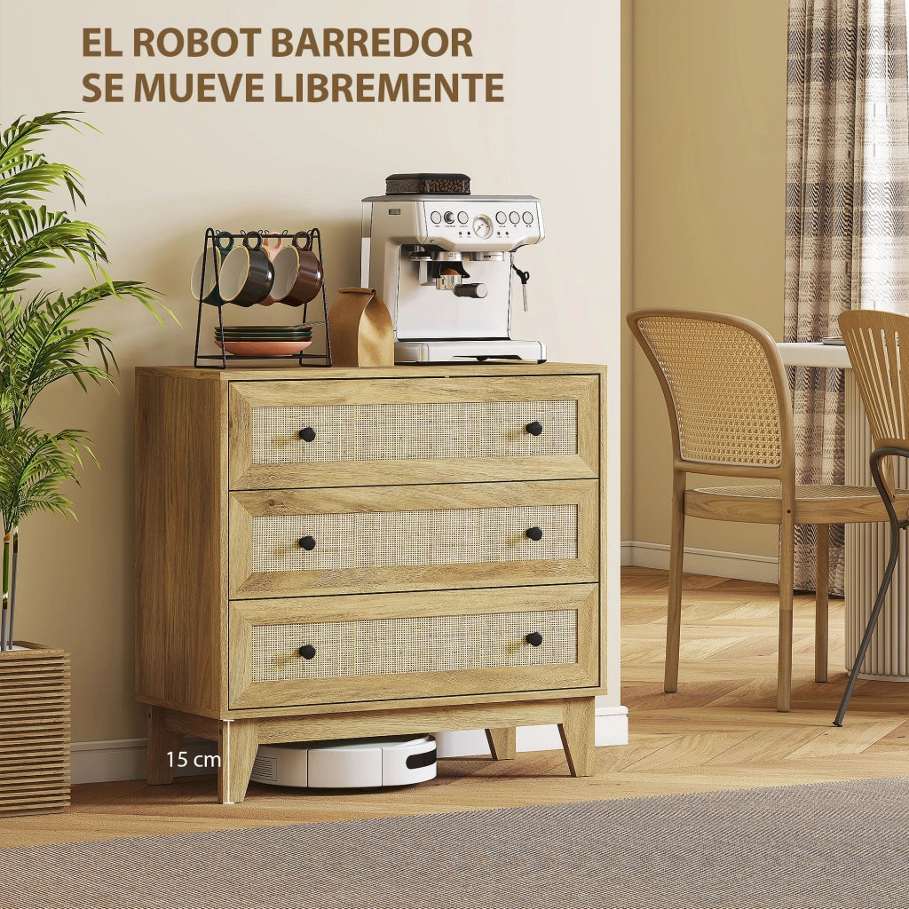 C¨®moda 3 Cassetti in Legno con Frontale in Rattan Stile Cannage ¨C zephmum ¨C 80x35x76 cm Naturale
