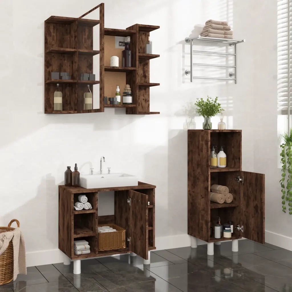 Set Mobili da Bagno 3 pz Rovere Fumo in Legno Multistrato