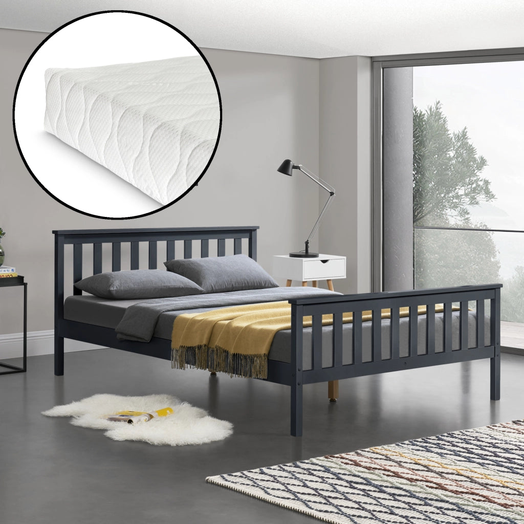 [en.casa] Letto in Legno di Pino con Pediera e Testiera Alta con Materasso a Schiuma Fredda 180 x 200 cm - Color Grigio Scuro