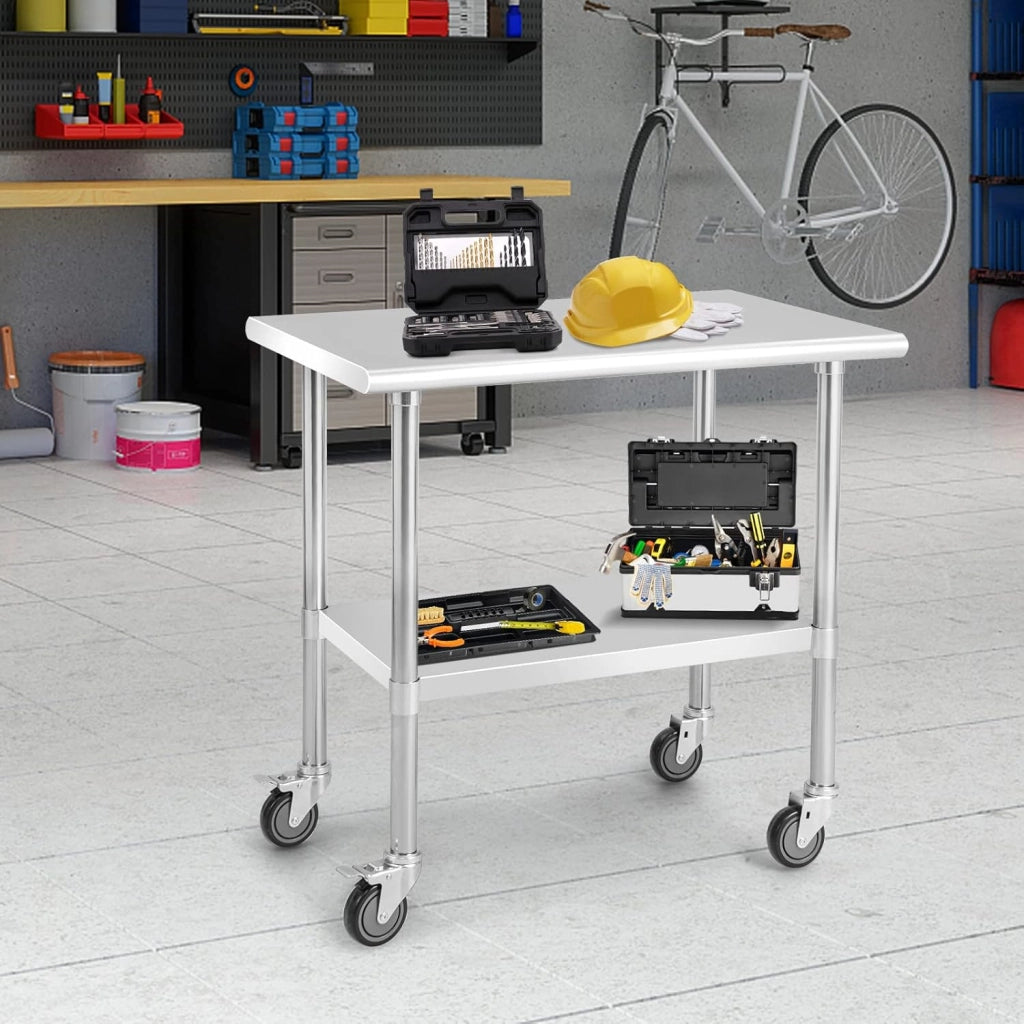 Tavolo da Lavoro in Acciaio Inox, Tavolo di Preparazione Alimentare/Porta Attrezzi con Ruote e Ripiano Inferiore Regolabile, per Cucina, Ristorante, Officina e Garage, 91,5 x 61 x 89,5 cm