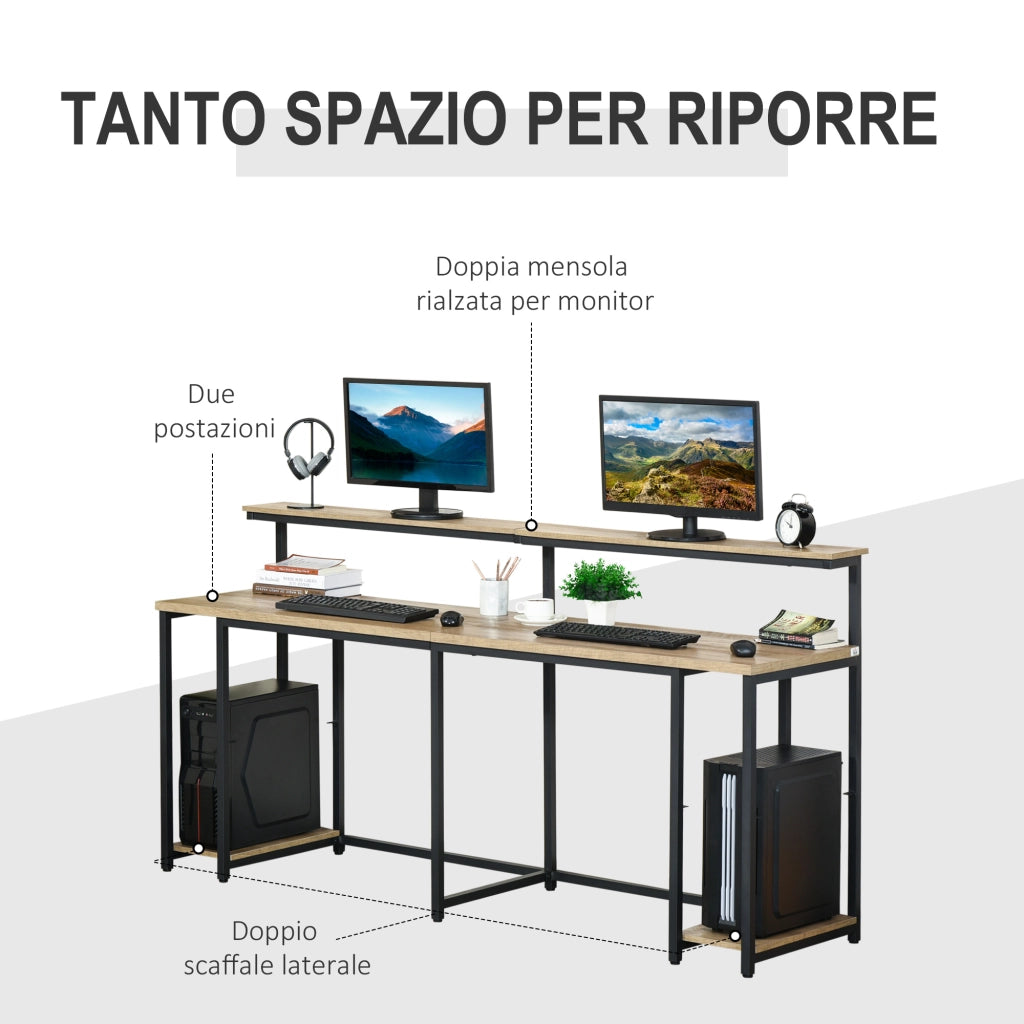 EasyComfort Scrivania Doppia con Scaffali e Mensola per Monitor in Stile Industriale, Scrivania con Libreria Salvaspazio per Ufficio e Studio in Metallo e MDF, 200x53x100cm, Nero Marrone