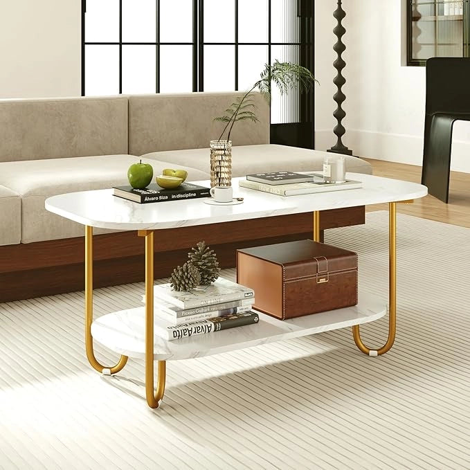 Tavolino da Caffè per Salotto a 2 Livelli, Tavolino Basso Rettangolo con Piano Effetto Marmo, Tavolino da Divano Moderno per Soggiorno,100 x 50 x 45 cm, Bianco e Oro