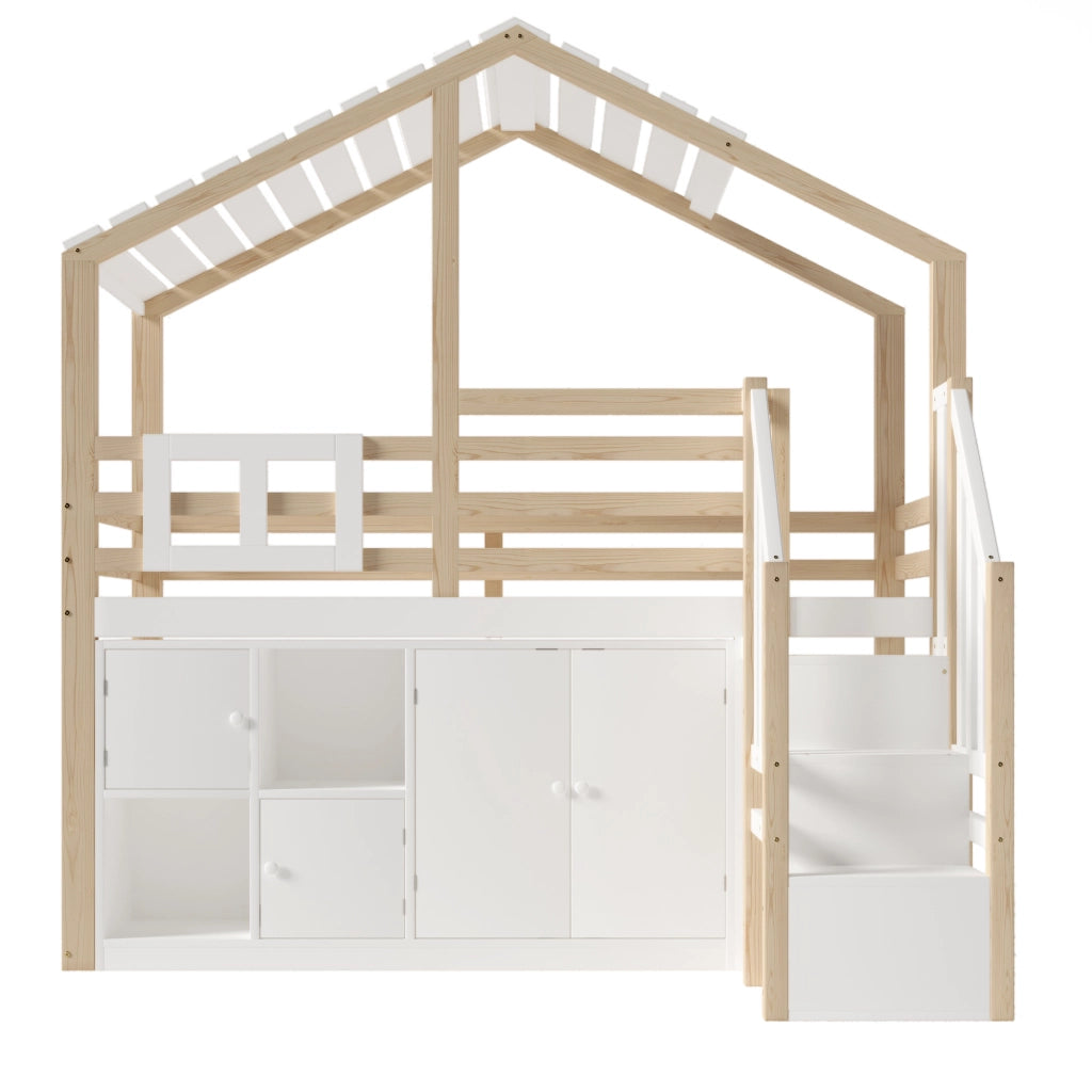 Hochbett bianco e naturale in pino massello 90x200 cm