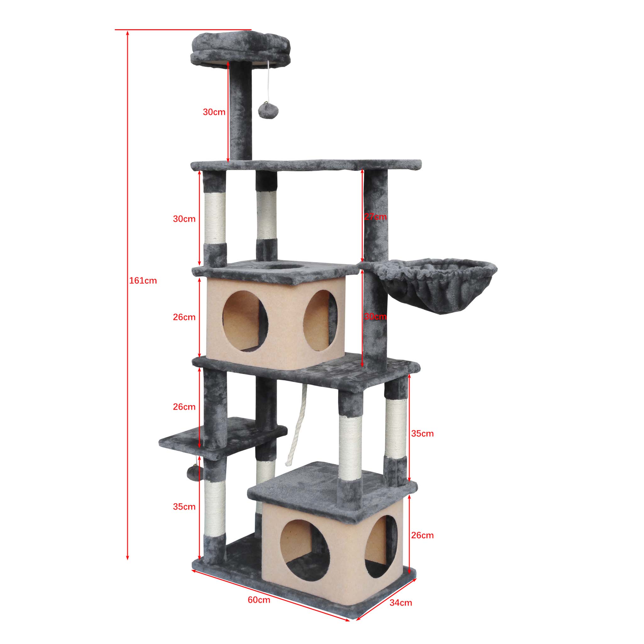 Fudajo Albero tiragraffi per gatti grigio scuro 161cm con graffiatoi in sisal