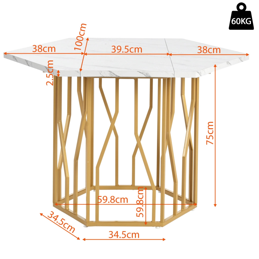 Tavolo da pranzo esagonale con piano effetto marmo in MDF e metallo; dorato e grigio