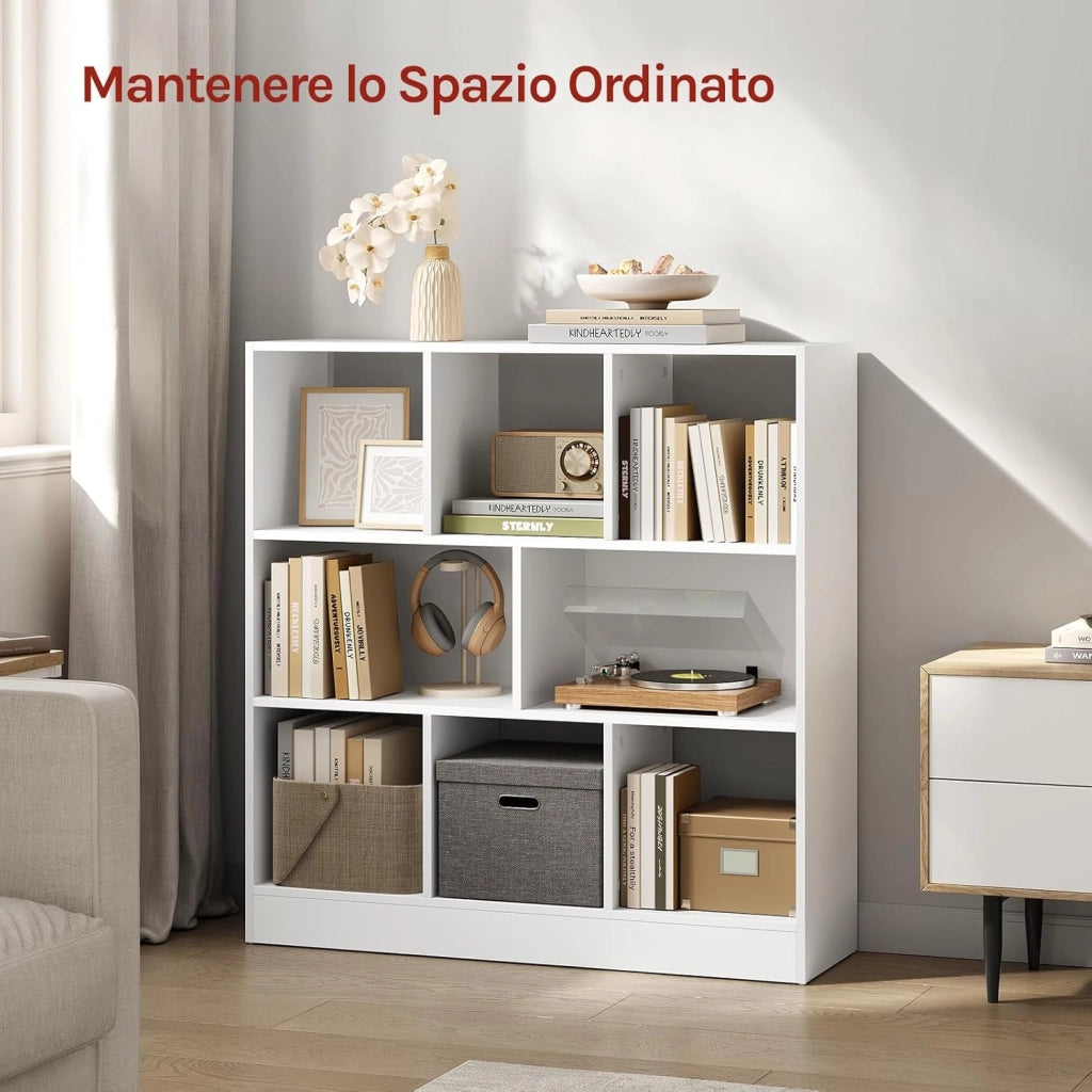 Libreria Scaffale Espositore Bianca con 3 Ripiani Mobiletto in Legno 8 Cubi Aperti Armadio da Esposizione per Soggiorno Ufficio e Cameretta 98X30X100cm SK021cm