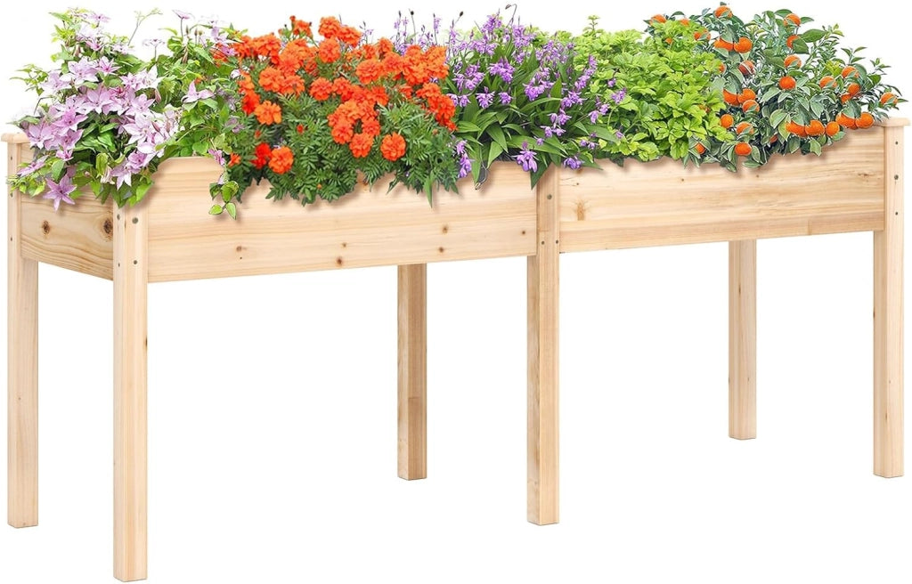 Fioriera da Giardino Rialzata, Letto da Giardino Elevato in Legno con Pannello Divisore, Fori di Drenaggio, Aiuola Rialzata per Piante, Fiori, Erbe e Verdure (Naturale)