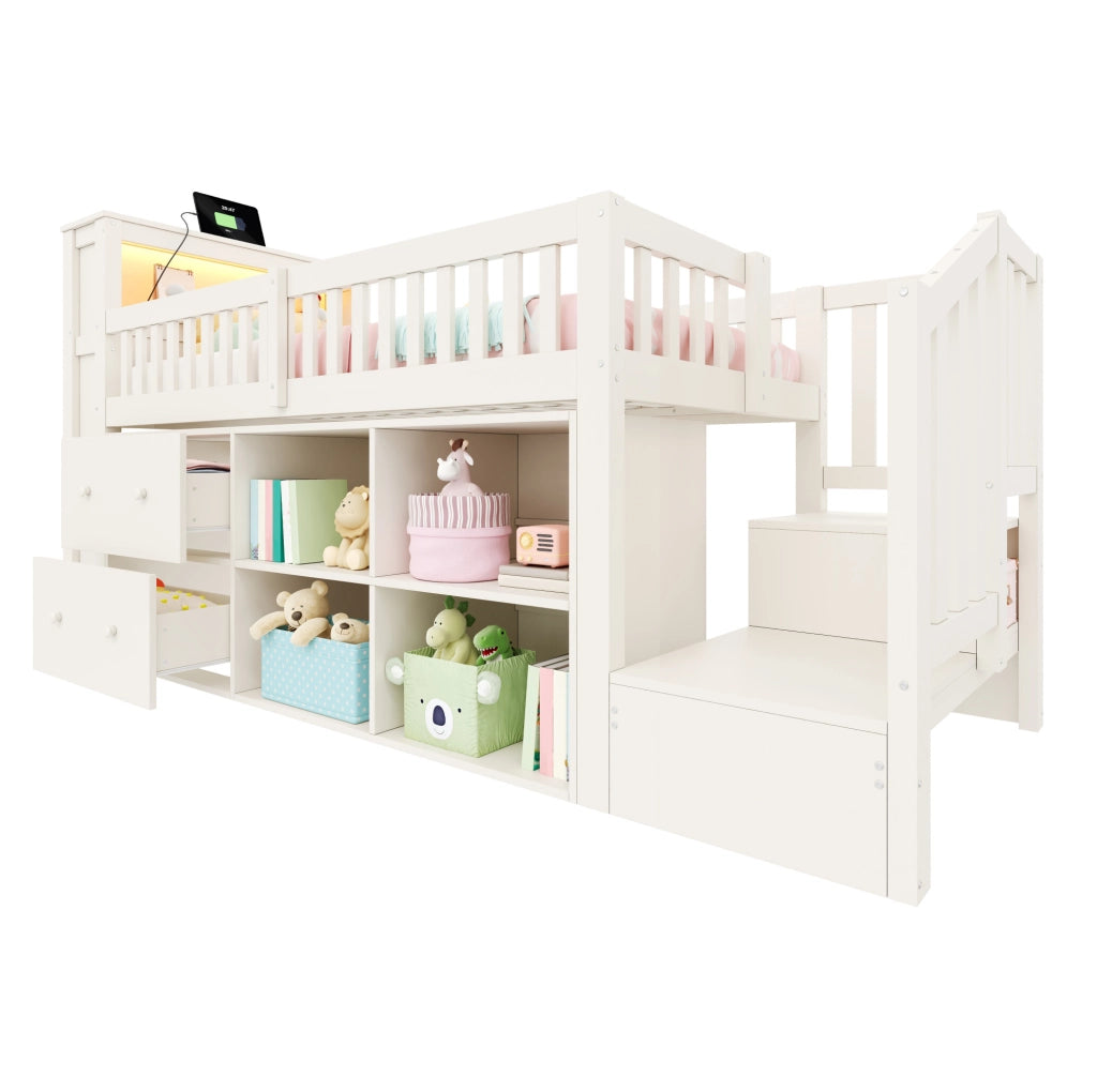 Letto a soppalco 90x200 cm con scala; contenitori; USB e LED; bianco