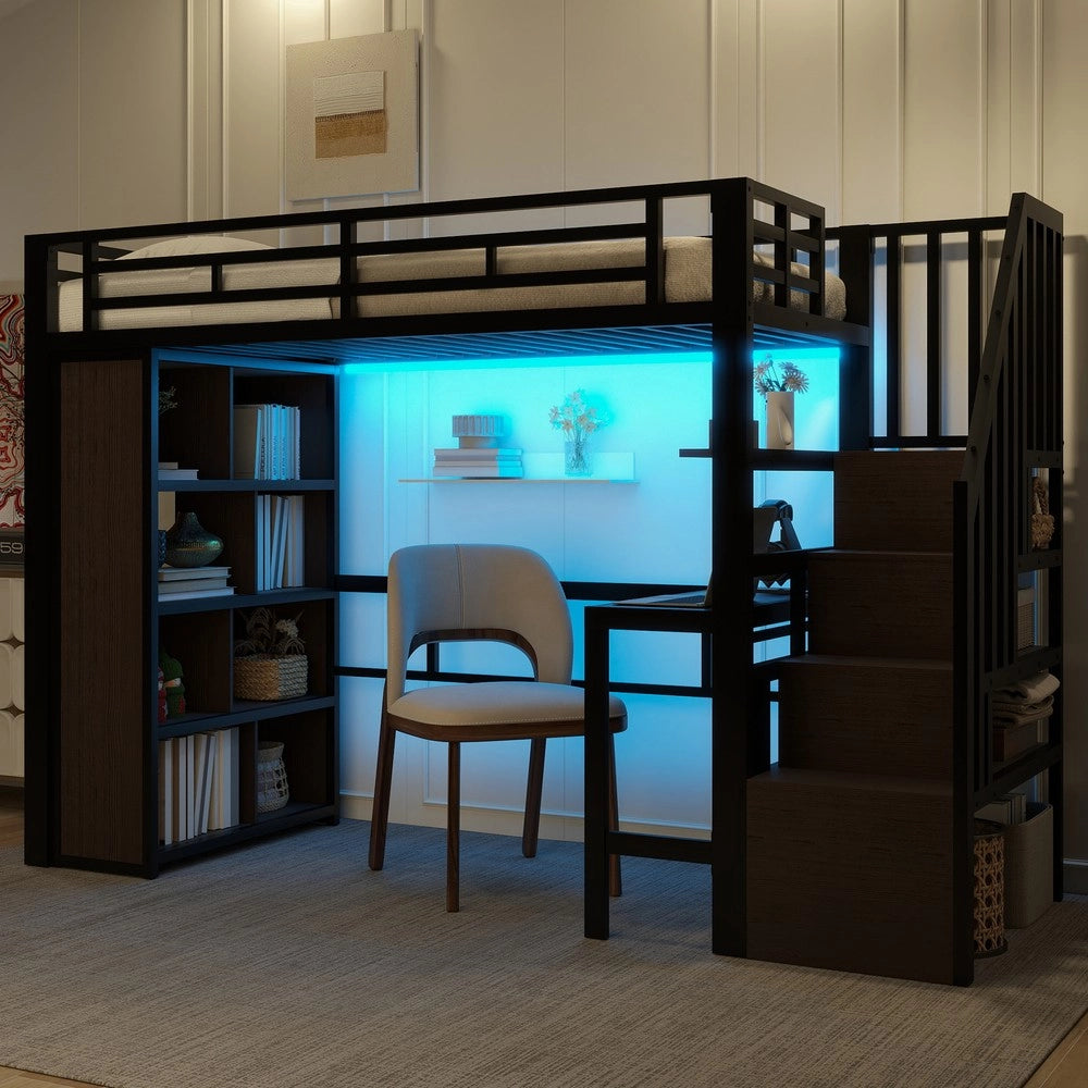 Letto a Soppalco con Scrivania e LED ¨C Xylo ¨C Struttura Metallo Nero 90x200
