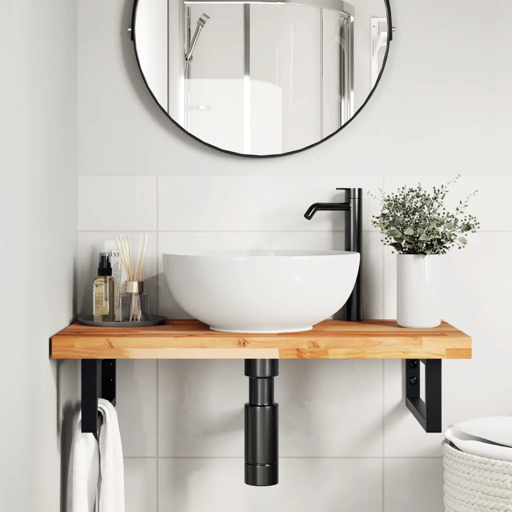 Ripiano a Parete per Lavabo-Mensole a Muro in Acciaio e Massello di Acacia 307622
