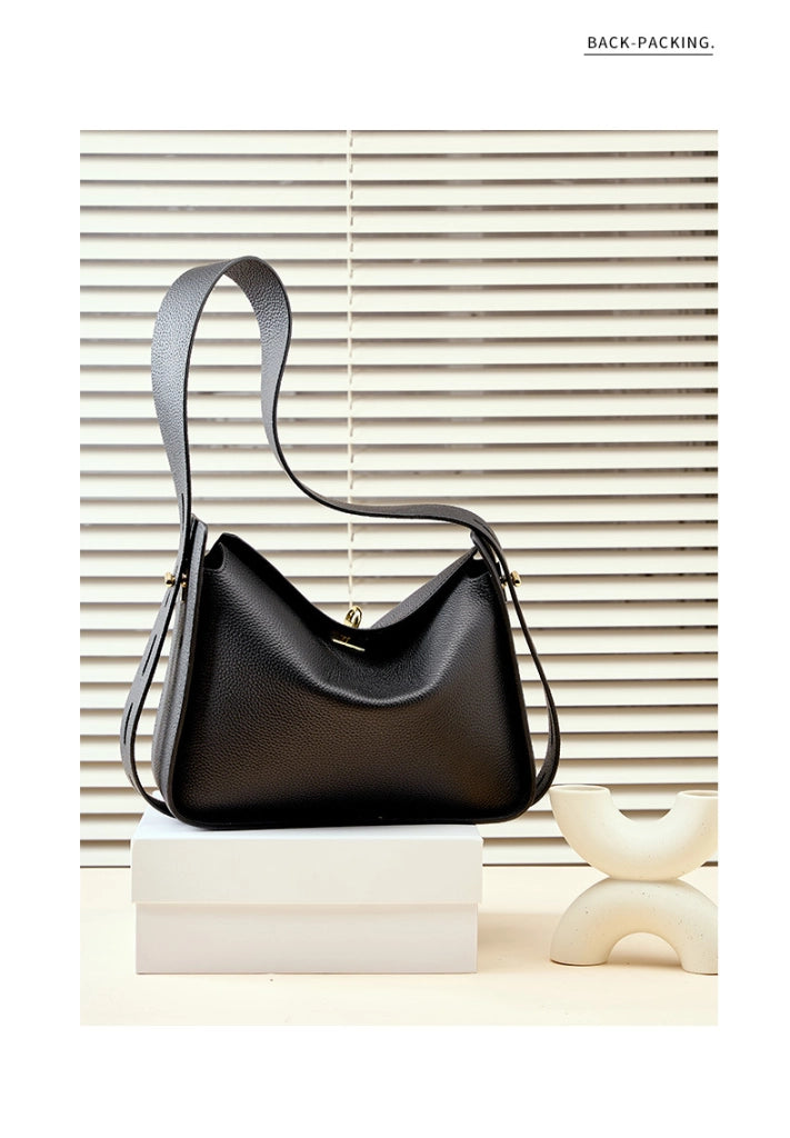 Borsa a tracolla da donna in vera pelle, borsa a secchiello stile college, borsa hobo nera