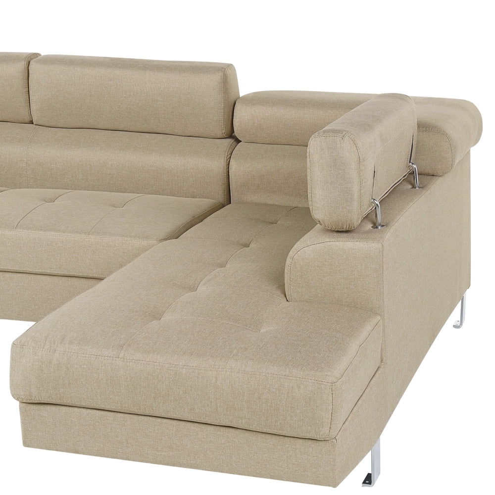 Divano angolare in tessuto beige chiaro con poggiatesta e braccioli regolabili a forma di L