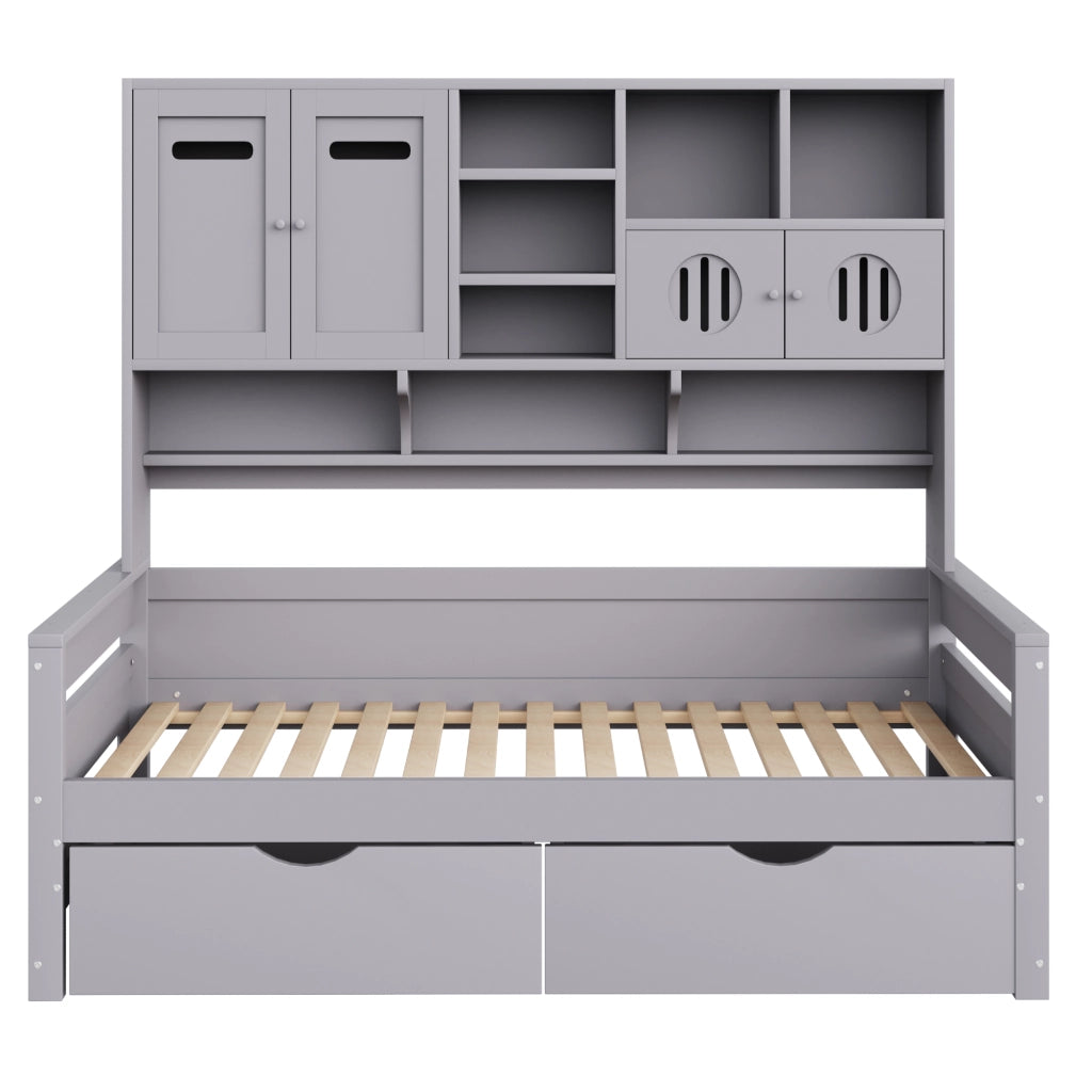 OKWISH Letto Divano 90×200 cm, Letto Singolo con 2 Cassetti, Vani Contenitore e Armadietti, senza Materasso, Legno, Grigio