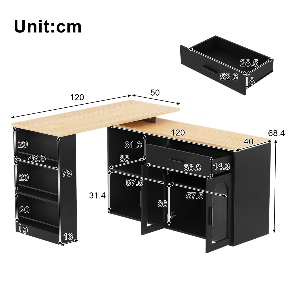 Isola da cucina con piano girevole 360°, mobile contenitore, scrivania e credenza con ripiani, Nero/Naturale