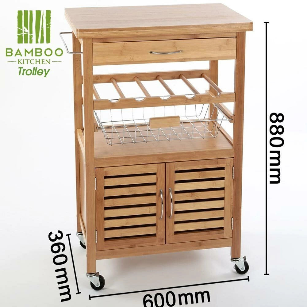 Carrello Cucina in legno BAMBU con Portabottiglie Cassetto Posate Cesto Acciaio