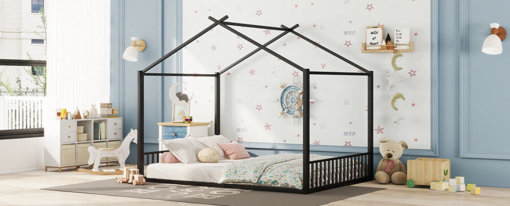 Letto per bambini in ferro a forma di casa 140x200 cm, struttura nera resistente