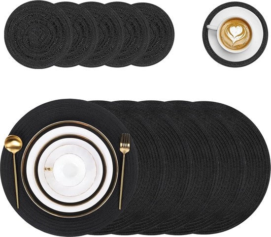 Set di 6 Piatte Ronde e Supporti - Tappeti da Cucina Antiscivolo Lavabili - Decorazione da Cucina Resistenti al Calore per Hotel Matrimonio Festa Natale - Nero