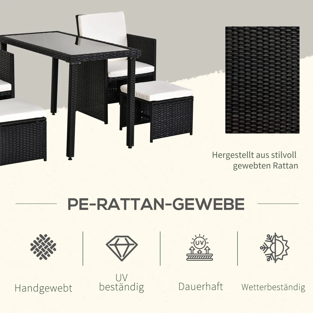 Set da pranzo in polyrattan, 11 pezzi, set da giardino con cuscini, nero, resistente alle intemperie ed elegante per giardino e patio.