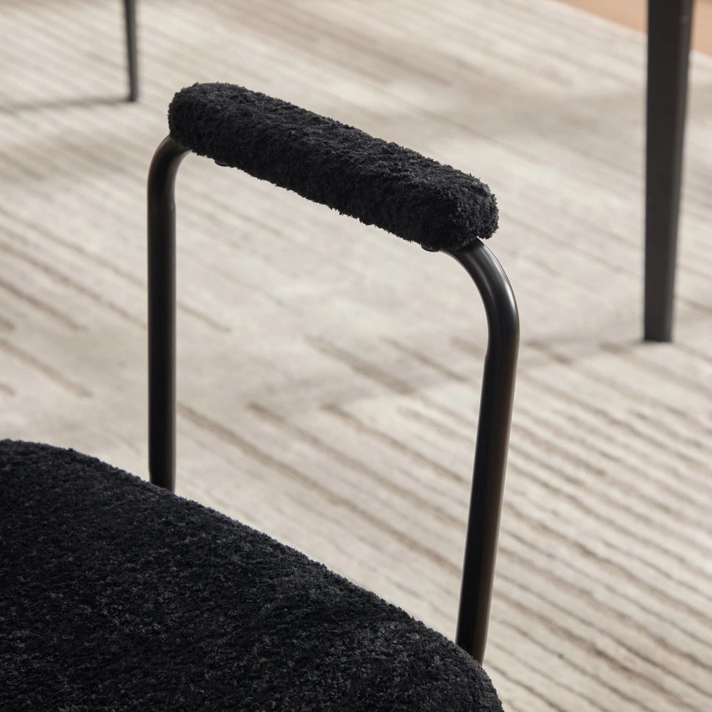 Sedia da Pranzo con Braccioli ¨C MINIMAL ¨C Set 2, Velluto Chenille, Gambe Metallo, Schienale Legno Massello, Effetto Rattan, Nero