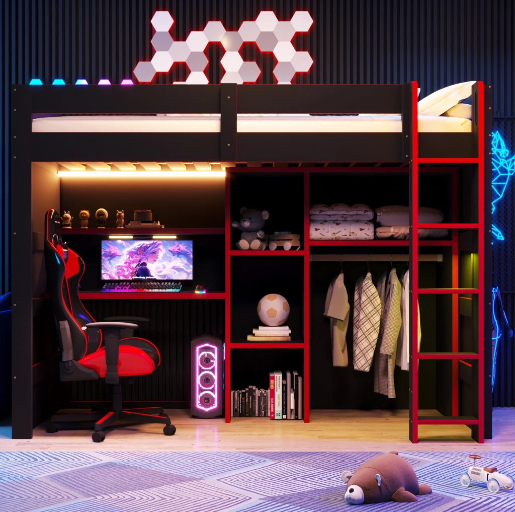 Letto a castello gaming in legno 90x200 cm con scrivania, armadio, LED e porta USB, nero e rosso
