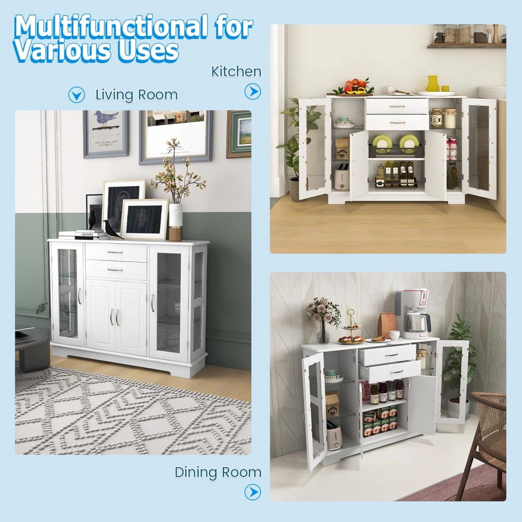 Credenza da cucina in legno, armadio a buffet multiuso con ante e ripiani in vetro temperato, mobile ausiliario per sala da pranzo, soggiorno, bagno, 107 x 30 x 81 cm