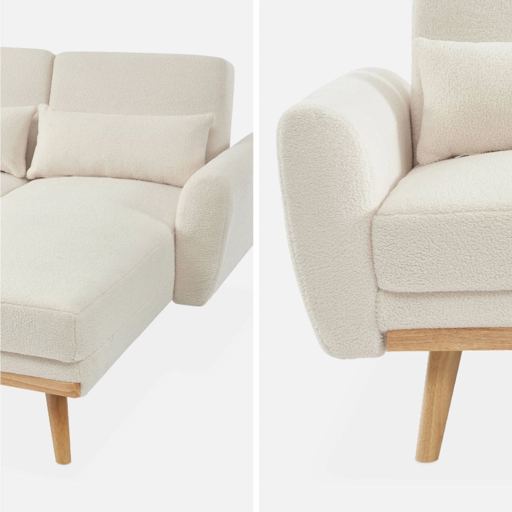 Divano letto angolare reversibile in tessuto bouclé, 3 posti, crema
