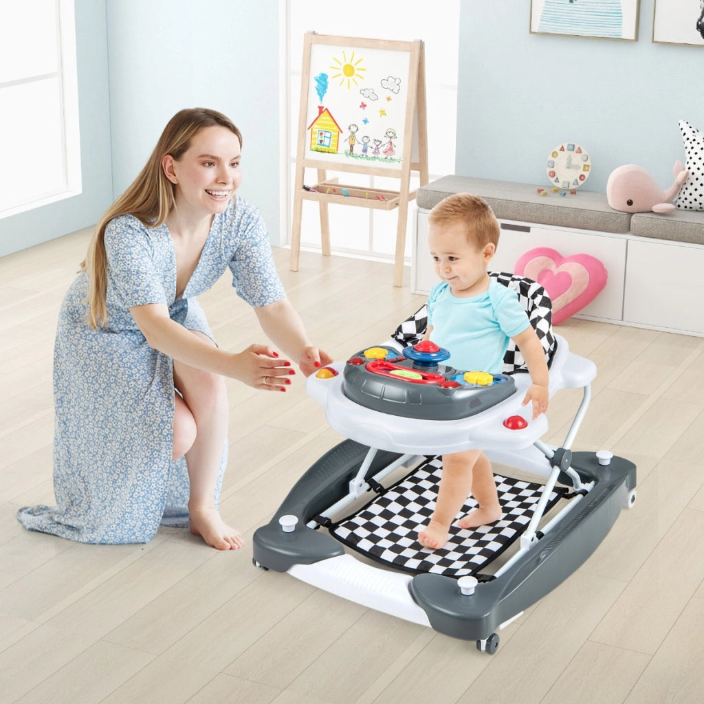 Girello per bambini con altezza regolabile vassoio musicale rimovibile, Centro attivit¨¤ per bambini di 6+ mesi Grigio-Primi passi