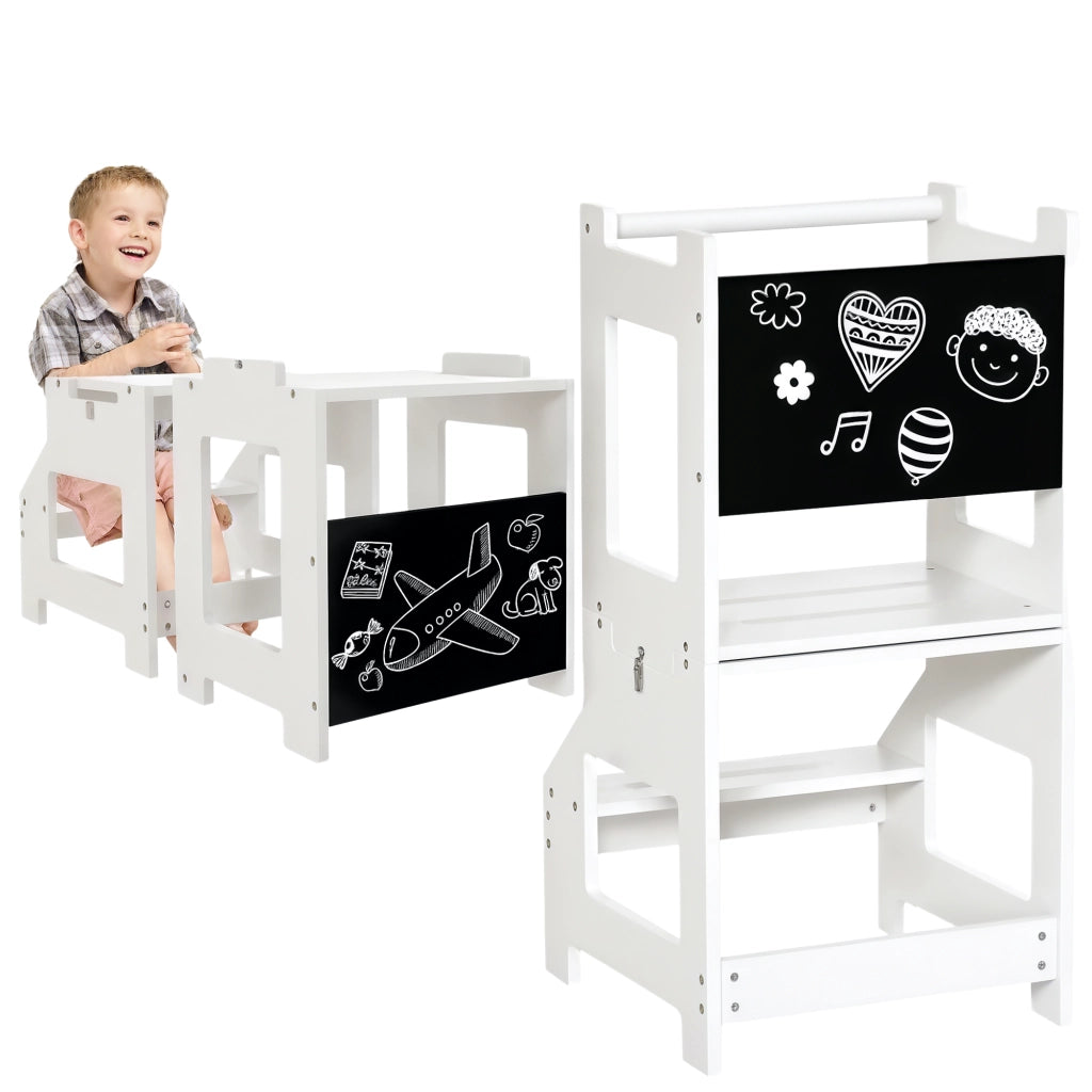 Scala Montessori 2 in 1 con Sgabello e Lavagna ¨C Xylo ¨C MDF Bianco per Bambini 3-6 Anni