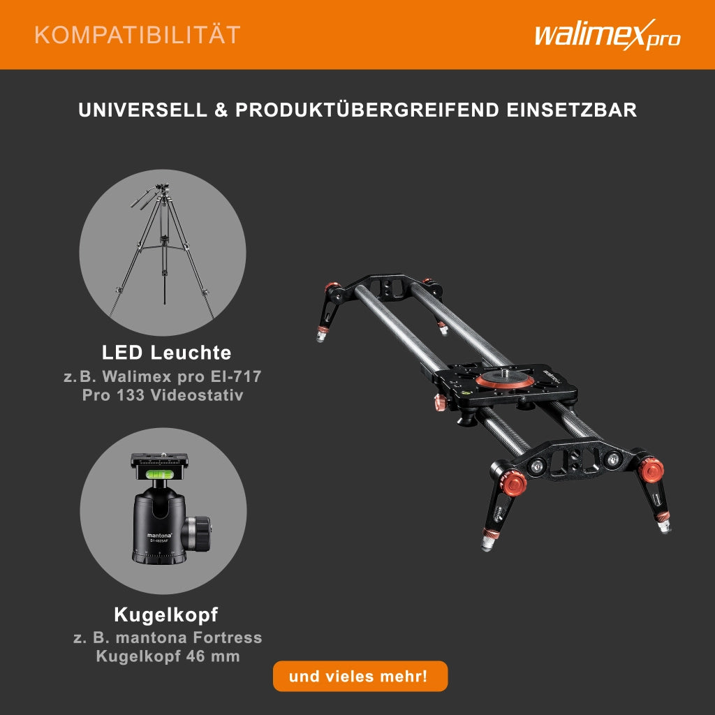 Walimex Pro Carbon Video Slider Pro (50 cm, movimenti fluidi della fotocamera, inclusa borsa per il trasporto e livella) nero