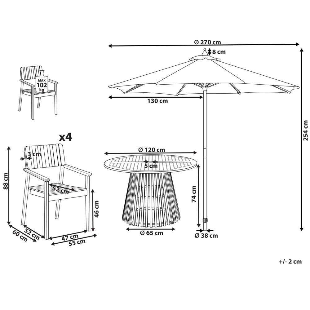 Set da pranzo da giardino 5 pezzi Tavolo rotondo in legno d'acacia 4 sedie Ombrellone da esterno