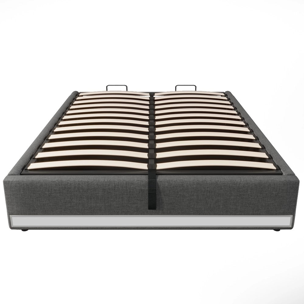 Letto Contenitore Imbottito con LED ¨C MINIMAL ¨C Grigio 140x200, USB, Senza Testiera