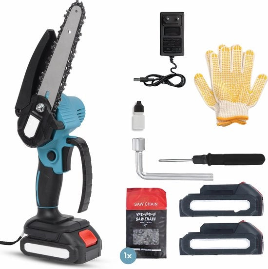 Mini sega a catena 21V Inclusa 2 batterie LED - 15 cm larghezza del disco - Inclusa 2 catene - Segatrice - Adatta per batterie Makita - Segatrice per rami
