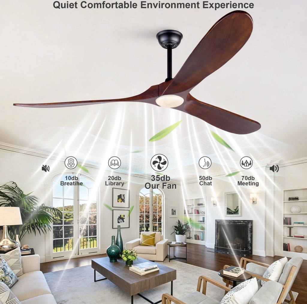 Ventilatore da soffitto 70 pollici con luce LED; 3 pale in legno; 3CCT; nero noce